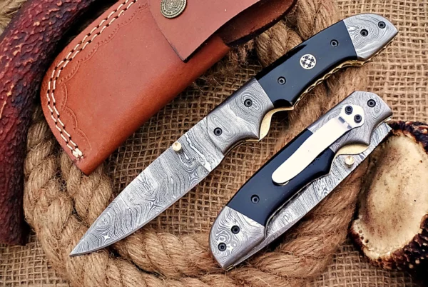 Custom Handmade Damascus Steel Amazing Folding Knife with Beautiful Bull Horn Handle FK 9 1