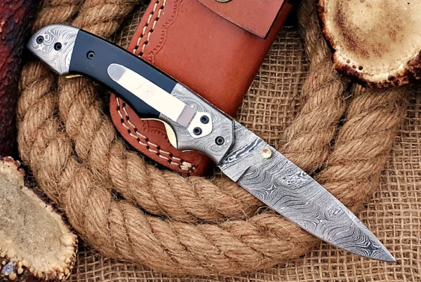 Custom Handmade Damascus Steel Amazing Folding Knife with Beautiful Bull Horn Handle FK 9 3