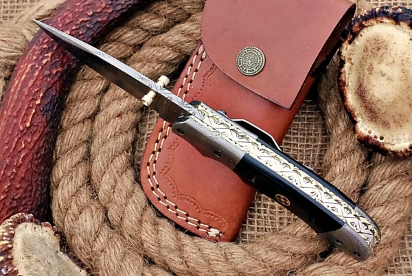 Custom Handmade Damascus Steel Amazing Folding Knife with Beautiful Bull Horn Handle FK 9 4