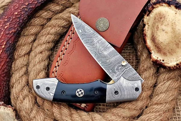 Custom Handmade Damascus Steel Amazing Folding Knife with Beautiful Bull Horn Handle FK 9 5