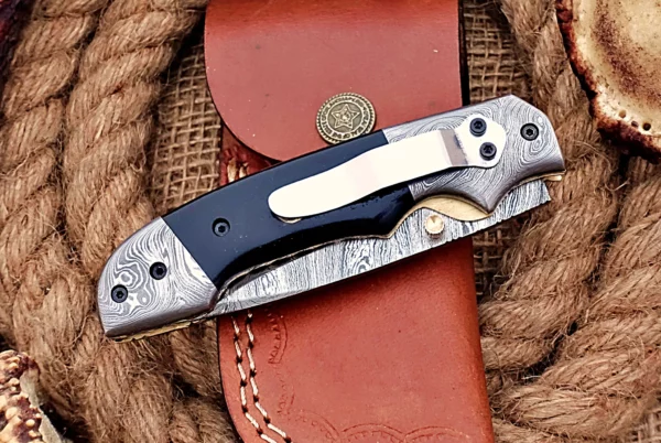 Custom Handmade Damascus Steel Amazing Folding Knife with Beautiful Bull Horn Handle FK 9 6