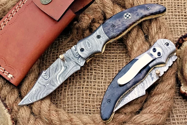 Custom Handmade Damascus Steel Amazing Folding Knife with Beautiful Colored Bone Handle FK 7 1