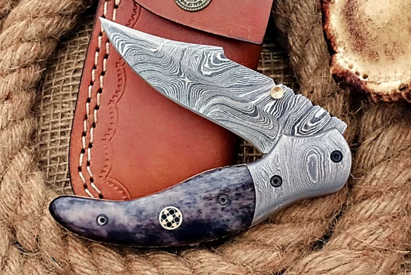 Custom Handmade Damascus Steel Amazing Folding Knife with Beautiful Colored Bone Handle FK 7 5