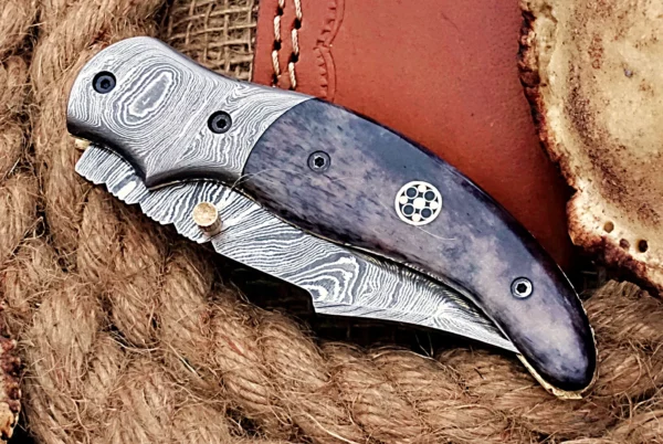 Custom Handmade Damascus Steel Amazing Folding Knife with Beautiful Colored Bone Handle FK 7 7