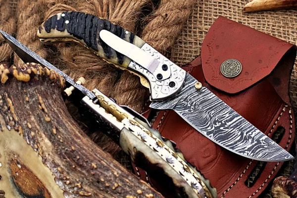 Custom Handmade Damascus Steel Amazing Folding Knife with Beautiful Ram Horn Handle Fk 78 1