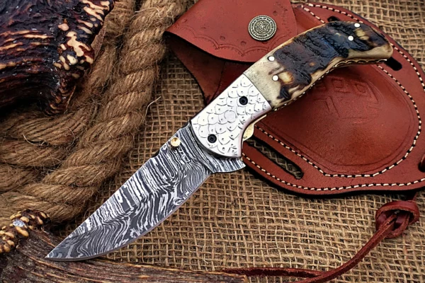 Custom Handmade Damascus Steel Amazing Folding Knife with Beautiful Ram Horn Handle Fk 78 2