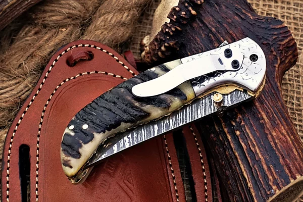 Custom Handmade Damascus Steel Amazing Folding Knife with Beautiful Ram Horn Handle Fk 78 5