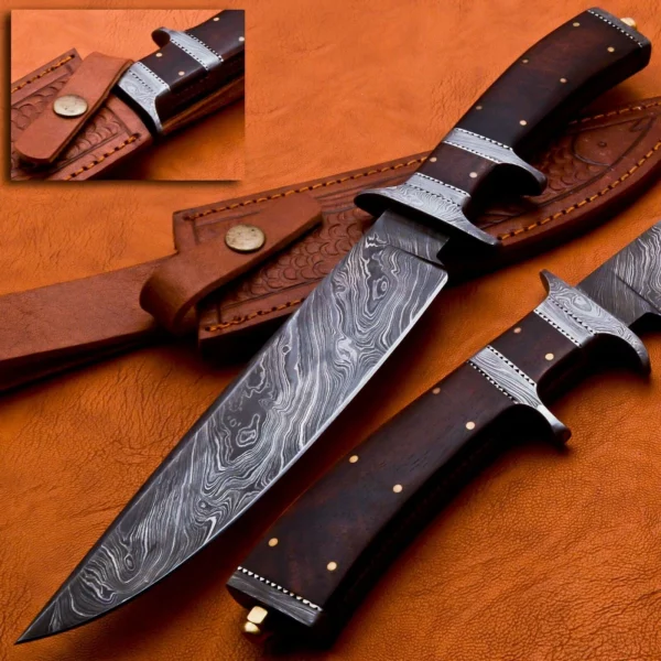 Custom Handmade Damascus Steel Bowie Knife with Rose Wood Handle BK 5 1