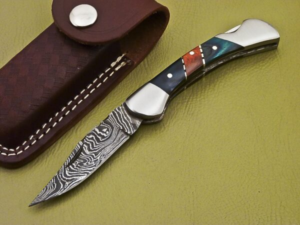 Custom Handmade Damascus Steel Folding Knife with Color Wooden Handle Fk 37 1