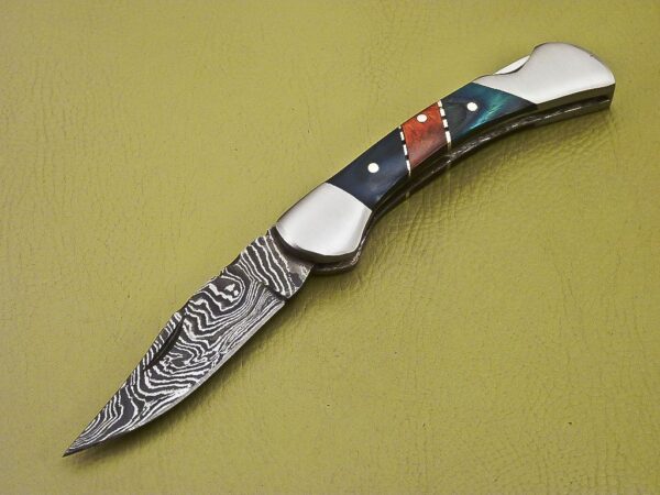 Custom Handmade Damascus Steel Folding Knife with Color Wooden Handle Fk 37 2