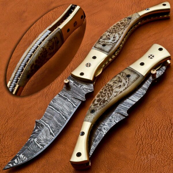 Custom Handmade Damascus Steel Hunting Pocket Knife With Amazing Bone Handle FK 23 1