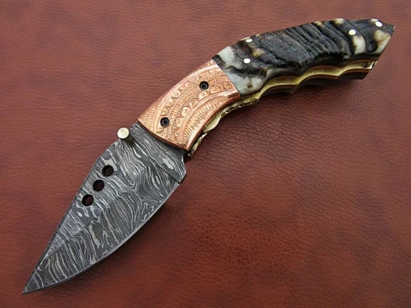 Custom Handmade Damascus Steel Hunting Pocket Knife With Amazing Ram Horn Handle Fk 60 1