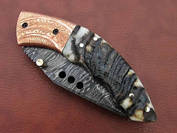 Custom Handmade Damascus Steel Hunting Pocket Knife With Amazing Ram Horn Handle Fk 60 3