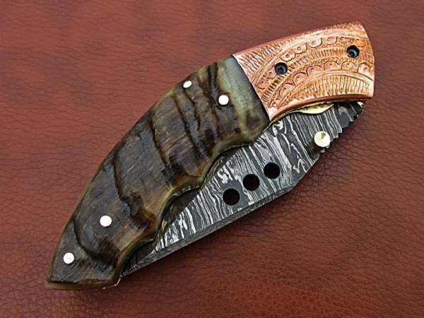 Custom Handmade Damascus Steel Hunting Pocket Knife With Amazing Ram Horn Handle Fk 60 4