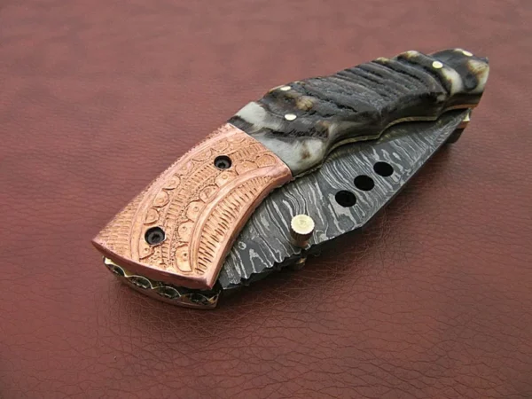 Custom Handmade Damascus Steel Hunting Pocket Knife With Amazing Ram Horn Handle Fk 60 5