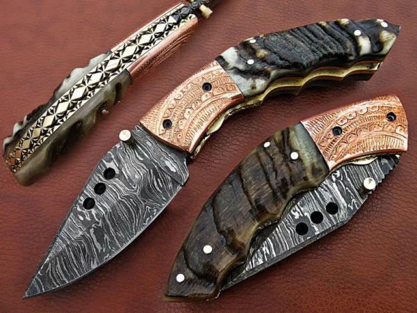 Custom Handmade Damascus Steel Hunting Pocket Knife With Amazing Ram Horn Handle Fk 60 6