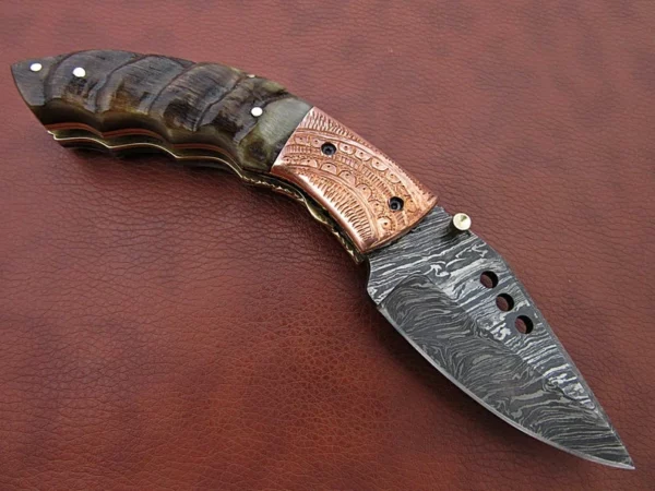 Custom Handmade Damascus Steel Hunting Pocket Knife With Amazing Ram Horn Handle Fk 60 7