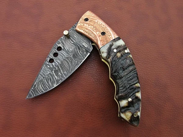 Custom Handmade Damascus Steel Hunting Pocket Knife With Amazing Ram Horn Handle Fk 60 9