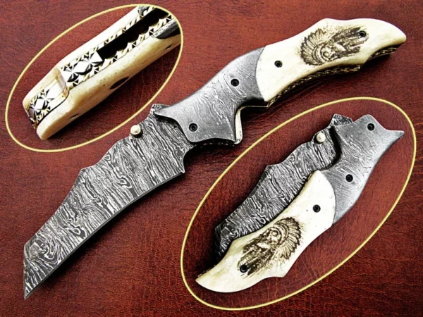 Custom Handmade Damascus Steel Hunting Pocket Knife With Etched Camel Bone handle FK 18 1