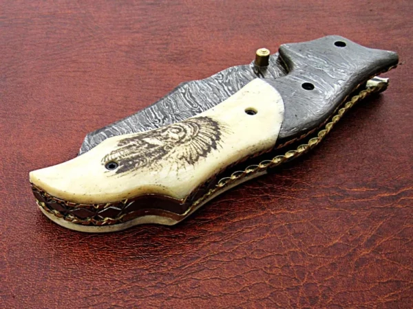 Custom Handmade Damascus Steel Hunting Pocket Knife With Etched Camel Bone handle FK 18 10