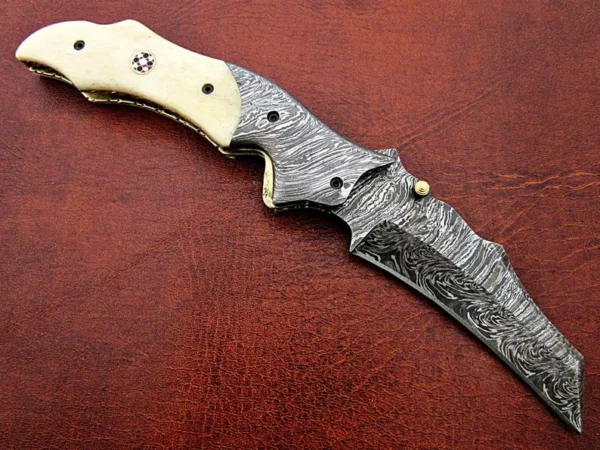 Custom Handmade Damascus Steel Hunting Pocket Knife With Etched Camel Bone handle FK 18 2