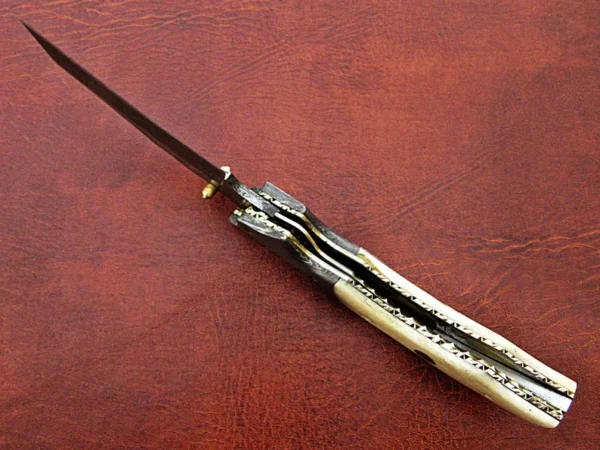Custom Handmade Damascus Steel Hunting Pocket Knife With Etched Camel Bone handle FK 18 4