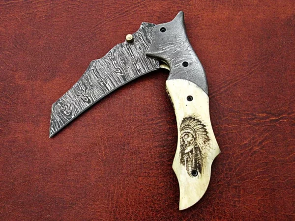 Custom Handmade Damascus Steel Hunting Pocket Knife With Etched Camel Bone handle FK 18 5