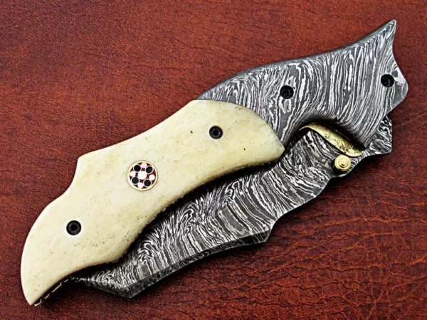 Custom Handmade Damascus Steel Hunting Pocket Knife With Etched Camel Bone handle FK 18 6