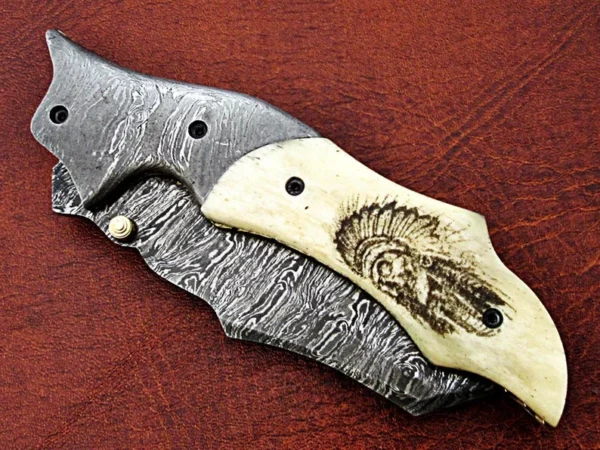 Custom Handmade Damascus Steel Hunting Pocket Knife With Etched Camel Bone handle FK 18 7