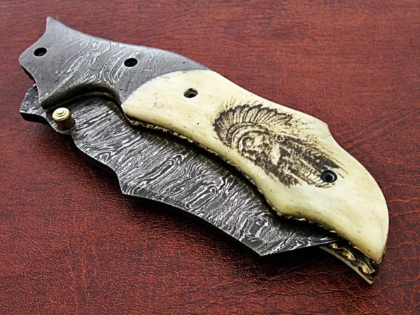 Custom Handmade Damascus Steel Hunting Pocket Knife With Etched Camel Bone handle FK 18 8