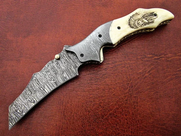 Custom Handmade Damascus Steel Hunting Pocket Knife With Etched Camel Bone handle FK 18 9