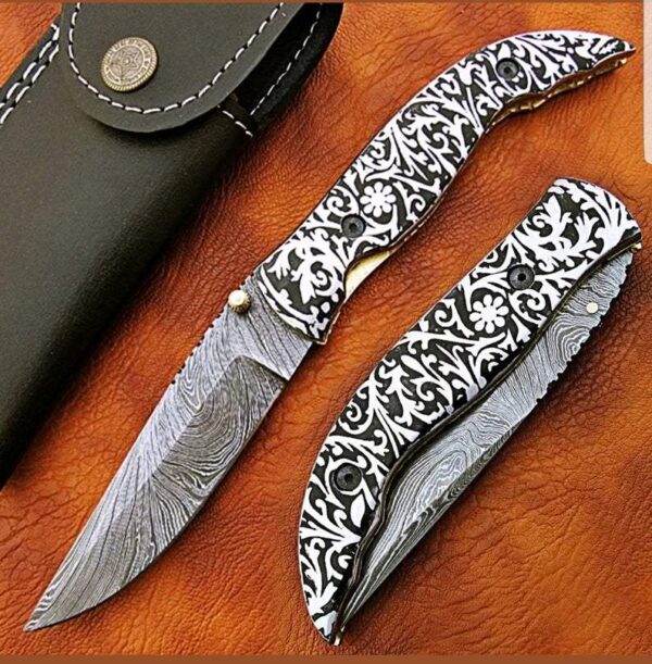 Custom Handmade Damascus Steel Hunting Pocket Knife With Etching on Metal Handle FK 6 1