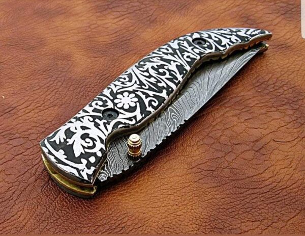 Custom Handmade Damascus Steel Hunting Pocket Knife With Etching on Metal Handle FK 6 2