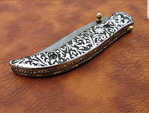 Custom Handmade Damascus Steel Hunting Pocket Knife With Etching on Metal Handle FK 6 3