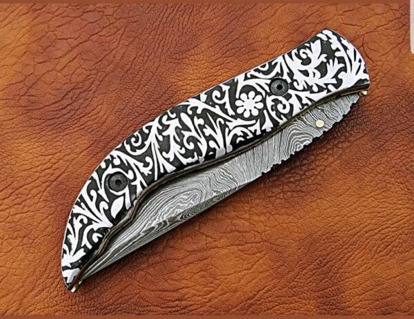Custom Handmade Damascus Steel Hunting Pocket Knife With Etching on Metal Handle FK 6 4