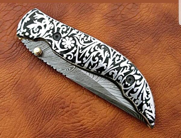 Custom Handmade Damascus Steel Hunting Pocket Knife With Etching on Metal Handle FK 6 5