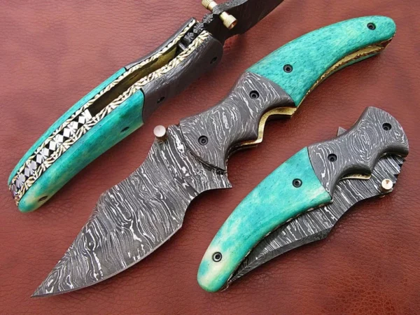 Custom Handmade Damascus Steel Hunting Pocket Knife With Sky Colored Bone Handle Fk 61 1