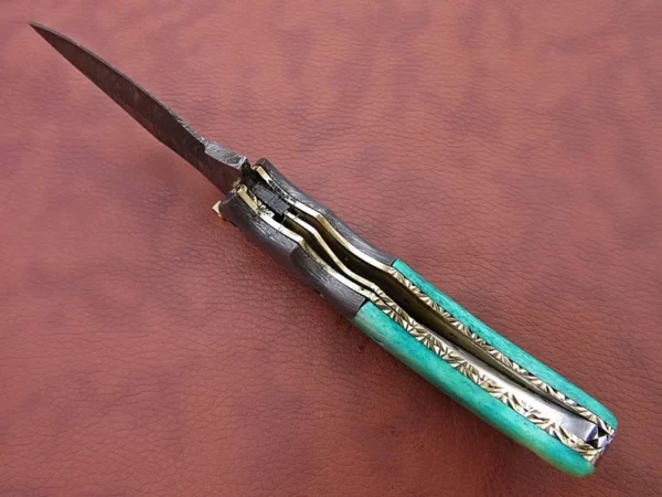 Custom Handmade Damascus Steel Hunting Pocket Knife With Sky Colored Bone Handle Fk 61 10