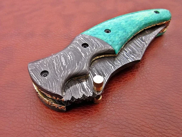 Custom Handmade Damascus Steel Hunting Pocket Knife With Sky Colored Bone Handle Fk 61 11