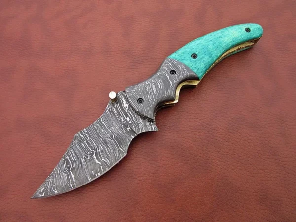 Custom Handmade Damascus Steel Hunting Pocket Knife With Sky Colored Bone Handle Fk 61 2