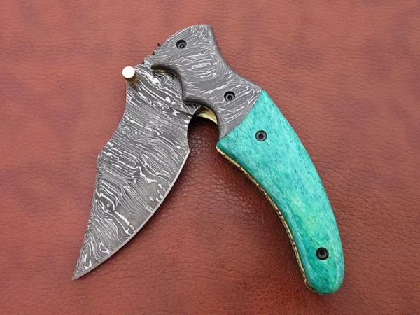 Custom Handmade Damascus Steel Hunting Pocket Knife With Sky Colored Bone Handle Fk 61 3