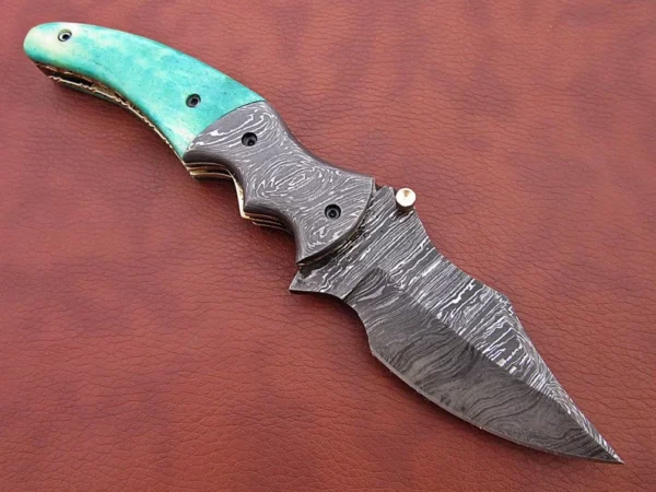 Custom Handmade Damascus Steel Hunting Pocket Knife With Sky Colored Bone Handle Fk 61 4