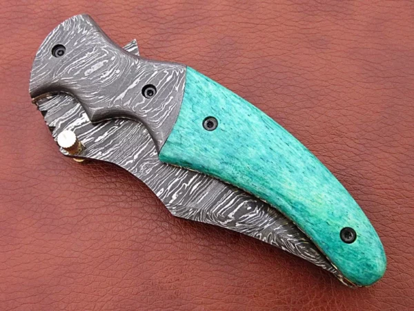 Custom Handmade Damascus Steel Hunting Pocket Knife With Sky Colored Bone Handle Fk 61 6