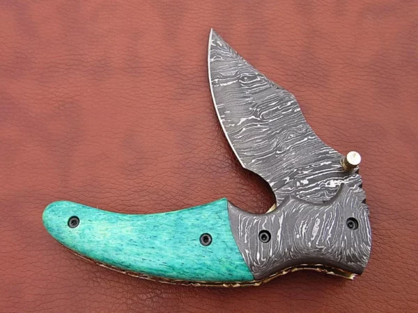 Custom Handmade Damascus Steel Hunting Pocket Knife With Sky Colored Bone Handle Fk 61 7