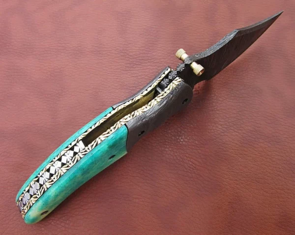 Custom Handmade Damascus Steel Hunting Pocket Knife With Sky Colored Bone Handle Fk 61 8