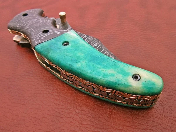 Custom Handmade Damascus Steel Hunting Pocket Knife With Sky Colored Bone Handle Fk 61 9