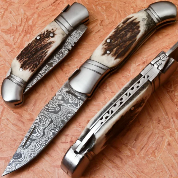 Custom Handmade Damascus Steel Hunting Pocket Knife with Amazing Stag Horn Handle FK 26 1