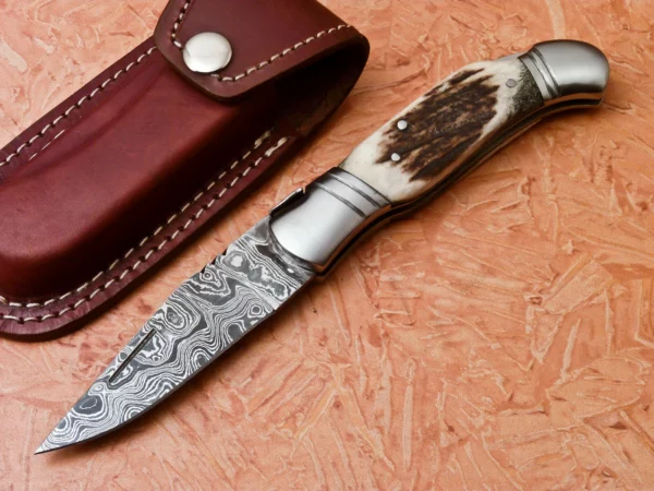 Custom Handmade Damascus Steel Hunting Pocket Knife with Amazing Stag Horn Handle FK 26 2