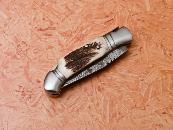 Custom Handmade Damascus Steel Hunting Pocket Knife with Amazing Stag Horn Handle Fk 62 5