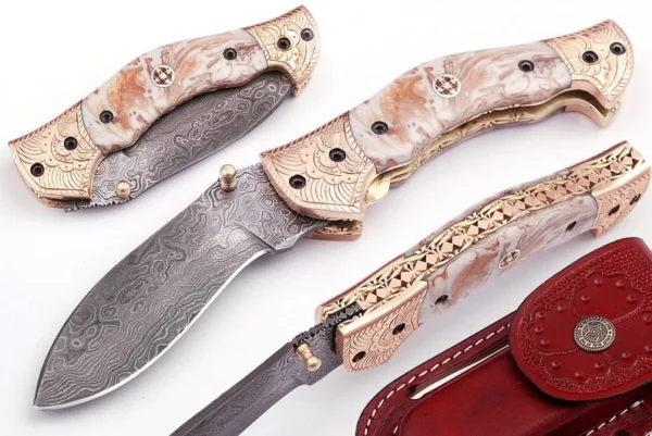 Custom Handmade Damascus Steel Hunting Pocket Knife with Risen Sheath Engraved Bolsters FK 67 1